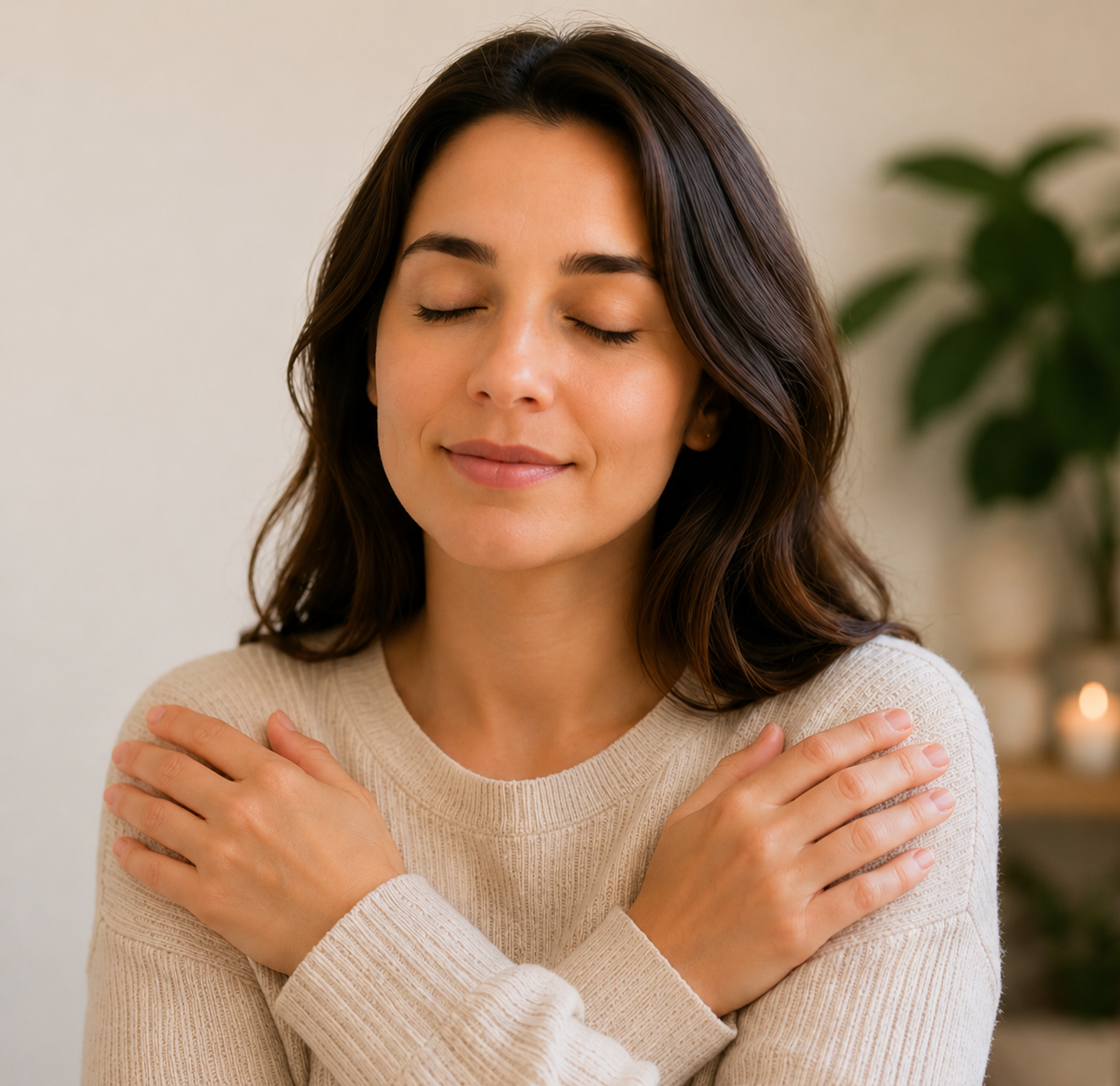 A woman practicing bilateral tapping, a core technique in EMDR therapy